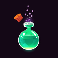 Glass bottle with green liquid and flowers in it. Cartoon vector illustration.