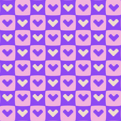 Groovy geometric seamless pattern.  Checkered repeated ornament with pixel hearts. Retro vibe background. Vector design for textile, fabric, backdrop, wallpaper, packaging, wrapper.