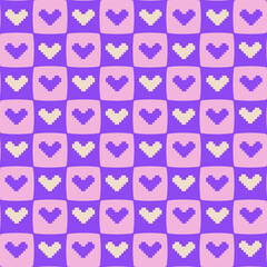 Groovy geometric seamless pattern.  Checkered repeated ornament with pixel hearts. Retro vibe background. Vector design for textile, fabric, backdrop, wallpaper, packaging, wrapper.
