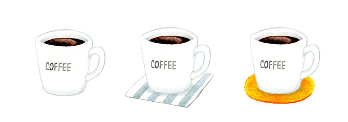 白いマグカップに入ったブラックコーヒー　料理・カフェメニューの手描き水彩イラスト素材
