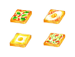 おかず系トーストのセットイラスト　料理・カフェメニューの手描き水彩イラスト素材集