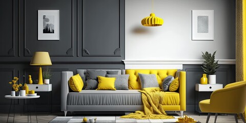Stylish living room with sofa. Interior design in grey and yellow colors. Generative AI