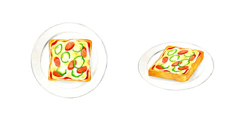 白い皿に乗ったピザトースト　料理・カフェメニューの手描き水彩イラスト素材