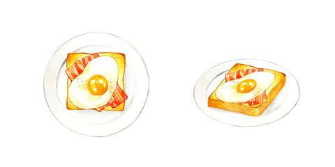 お皿に乗った目玉焼きトースト　料理・カフェメニューの手描き水彩イラスト素材