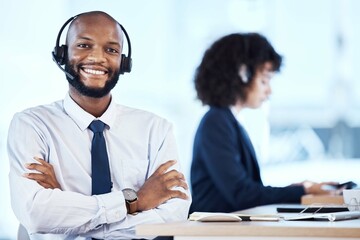 Customer service consultant, happy portrait and black man telemarketing on contact us CRM or telecom. Call center communication, online e commerce and information technology consulting on microphone - obrazy, fototapety, plakaty