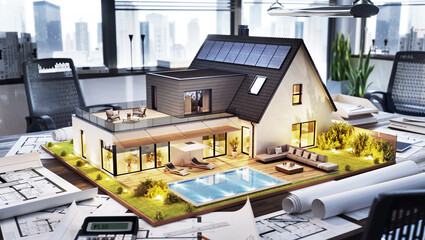 Сonstruction plan and home design development. Modern house with solar panels - 571556831