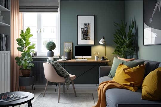 Interior of small apartment living room for home office. Real estate rent and home staging. Generative AI