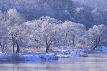 岩手県北上市　朝焼けの冬景色