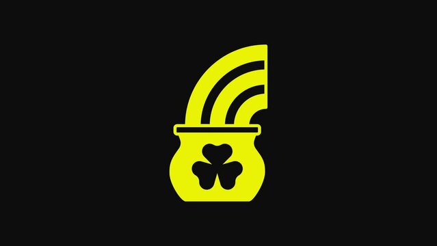 Yellow Pot of gold with magic rainbow icon isolated on black background. Happy Saint Patricks day. National Irish holiday. 4K Video motion graphic animation