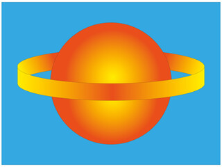 Grafika wektorowa przedstawiająca pomarańczowo - żółtą kulę na niebieskim tle, z otaczającym ją pierścieniem. Poprzez zastosowanie pomarańczowo - żółtego gradientu uzyskano efekt 3D.