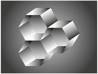 Grafika wektorowa przedstawiająca sześciokątne, trójwymiarowe  komórki powstałe poprzez przekształceń figur geometrycznych. Zastosowanie szarego gradientu nadało figurom metaliczny blask.