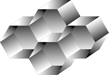 Obraz przedstawiający sześciokątne, trójwymiarowe  komórki powstałe poprzez przekształceń figur geometrycznych. Zastosowanie szarego gradientu nadało figurom metaliczny blask.