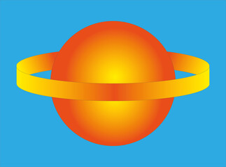 Ilustracja przedstawiająca pomarańczowo - żółtą kulę na niebieskim tle, z otaczającym ją pierścieniem. Poprzez zastosowanie pomarańczowo - żółtego gradientu uzyskano efekt 3D.