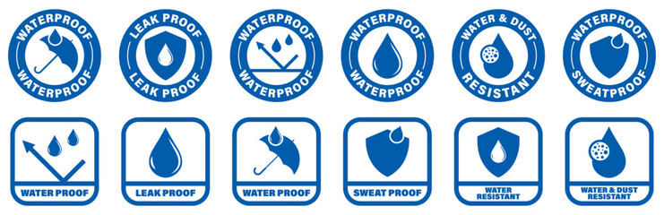 Water and Dust resistant - vector badges. Waterproof and sweat proof labels collection.