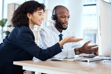 Callcenter, CRM or teamwork on computer for coaching, consulting or networking in office. Customer service, learning or black man and woman on tech for telemarketing, research or strategy support