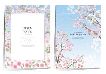 Vector editorial design frame set of spring scenery with cherry trees in full bloom. Design for social media, party invitation, Frame Clip Art and Business Advertisement			 - 571558065