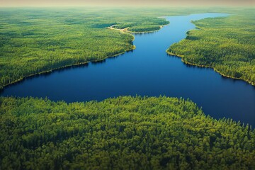Fototapeta na wymiar Aerial view of green forests and blue lakes and rivers in summer Finland. Generative AI