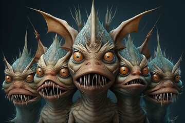 fantasy creature with multiple heads, each with a different expression illustration generative ai