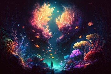 Naklejka na ściany i meble world made entirely of light and color, where creatures and landscapes are formed from the interplay of light and color illustration generative ai