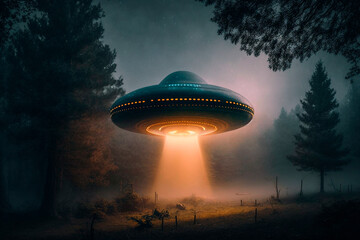 Fototapeta na wymiar UFO an alien saucer hovering above the field in the clouds