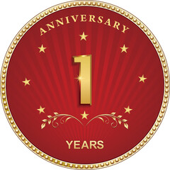 1 year anniversary logo design in golden circle on red background with stars for ceremonial event,business,greeting card and invitation. Vector illustration