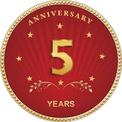 5 years anniversary logo design in golden circle on red background with stars for ceremonial event, wedding, greeting card and invitation. Vector illustration
