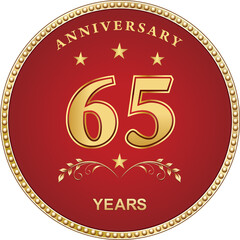 65 years anniversary logo design in golden circle on red background with stars for ceremonial event, wedding, greeting card and invitation. Vector illustration