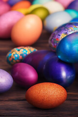 Handmade painted colorful easter eggs decoration on wood table top view with empty space made with generative ai