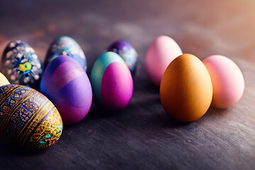Fototapeta premium Handmade painted colorful easter eggs decoration on wood table top view with empty space made with generative ai