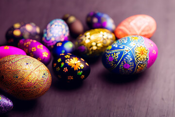 Fototapeta premium Handmade painted colorful easter eggs decoration on wood table top view with empty space made with generative ai