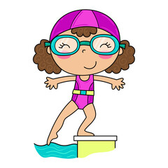  Illustration of a girl ready for her swimming class, touch the water in the pool with her foot. Vector drawing
