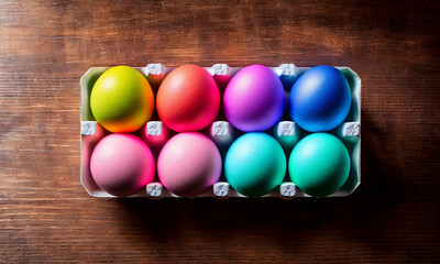 Obraz premium Handmade painted colorful easter eggs decoration on wood table top view with empty space made with generative ai