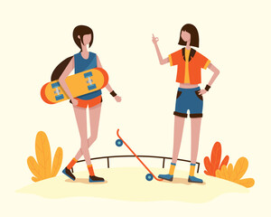 A young girl and her friends are enjoying skateboarding