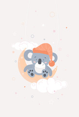 Cute koala in a hat on the moon. Vector illustration.
Poster for the children's room, a koala on the moon in a night hat with stars and small decor. Cute illustration for nursery in pastel colors
