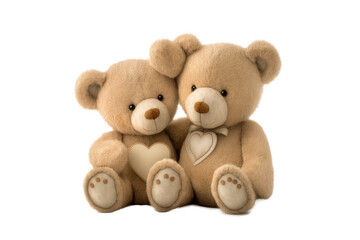 Cute two beige teddy bears holding a heart. PNG.  (Generative AI)