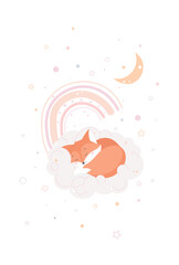 Cute fox sleeping on the cloud. Vector illustration in cartoon style.