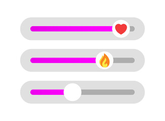 Social media story emoji slider with flame and heart symbols. Mockup, template of feedback in stories, poll, ask a question, like, love. Vector illustration.