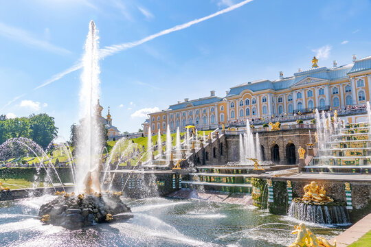 St. Petersburg, Russia - August 14, 2020: Grand Cascade in Lower park of Peterhof. The Peterhof palace was included in the UNESCO's World Heritage List in 1991.