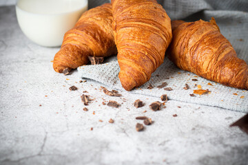 Morning with fresh croissants. Backgrounds on concrete. Breakfast