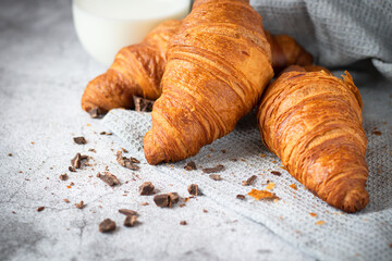 Morning with fresh croissants. Backgrounds on concrete. Breakfast