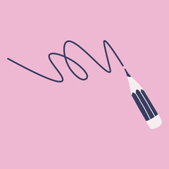 A short sharpened pencil with an eraser on the end draws scribbles. Vector illustration for design.