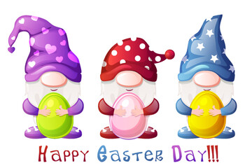 Cartoon gnomes with colored eggs for Easter.