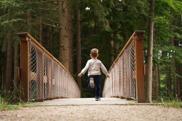 Little boy strolling down bridge