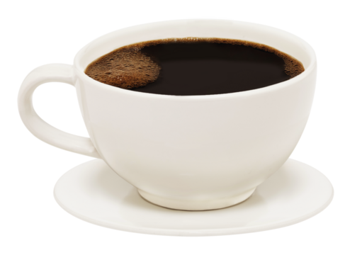 White cup of black coffee isolated. PNG transparency