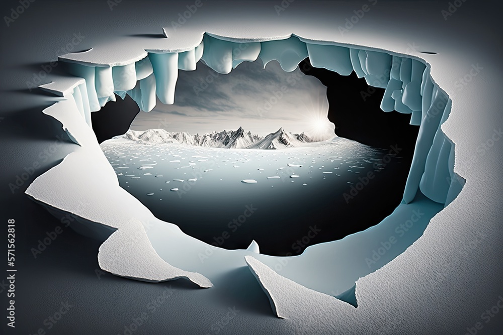Poster an opening in the ice via a hole. text space is needed. generative ai