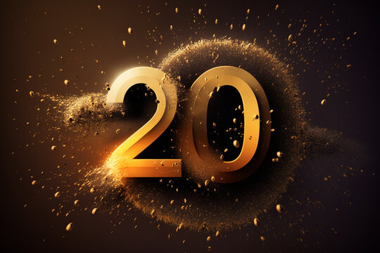 Festive 20th birthday image, numbers bursting into golden dust. Generative AI. 