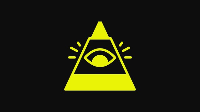 Yellow Masons symbol All-seeing eye of God icon isolated on black background. The eye of Providence in the triangle. 4K Video motion graphic animation