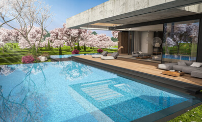 3d rendering of new concrete house in modern style with pool and parking for sale or rent and beautiful landscaping on background. Fresh spring day with a blooming trees with flowers of sakura.