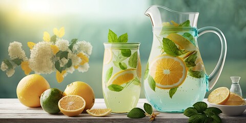 Lemon slice and mint leaf decorations decorate the pitcher of citrus iced lemonade that is served in glasses against a marble table in the background of nature. Fresh summer beverage lovely image. the - obrazy, fototapety, plakaty