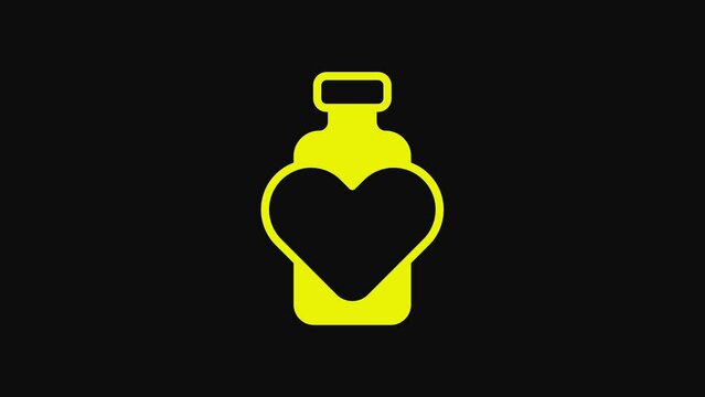 Yellow Bottle with love potion icon isolated on black background. Valentines day symbol. 4K Video motion graphic animation